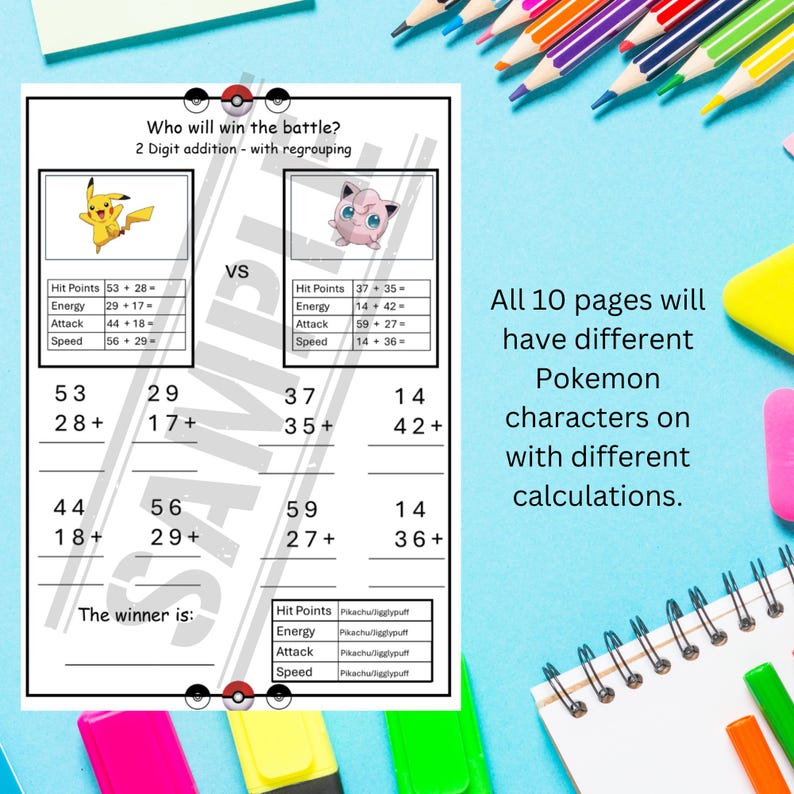 Puede incluir: Una hoja de trabajo imprimible con dos personajes de Pok&eacute;mon, Pikachu y Jigglypuff, con problemas de matem&aacute;ticas para resolver. La hoja de trabajo est&aacute; dise&ntilde;ada para ni&ntilde;os que aprenden la suma de dos d&iacute;gitos con reagrupaci&oacute;n. El texto en la hoja de trabajo dice: "&iquest;Qui&eacute;n ganar&aacute; la batalla? Suma de dos d&iacute;gitos - con reagrupaci&oacute;n".