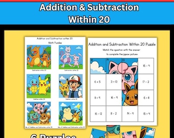 Pokemon Addition & Subtraction within 20 Fact Practice Jigsaw Puzzles First Grade Printable Activities Math Centers