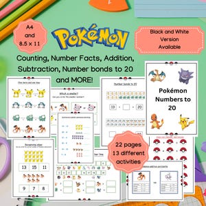May include: A printable set of 22 pages of educational worksheets featuring Pokemon characters. The worksheets include activities for counting, number facts, addition, subtraction, and number bonds to 20. The worksheets are designed for children learning math.