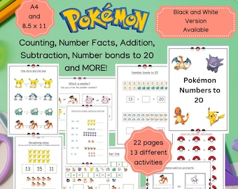 Números de Pokémon hasta el 20, Hojas de trabajo de matemáticas de primer grado, Jardín de infantes, Descarga digital, Educación en casa, Montessori, Imprimible, Paquete de matemáticas,