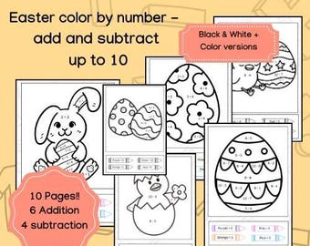 Easter Color by Number: Math Worksheets, Adding & Subtracting (digital ...
