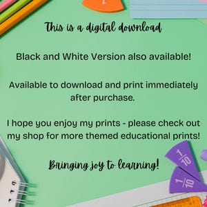 May include: A digital download for educational prints. The text "This is a digital download" is displayed in black text on a green background. The text "Black and White Version also available!" is displayed in black text on a green background. The text "Available to download and print immediately after purchase." is displayed in black text on a green background. The text "I hope you enjoy my prints - please check out my shop for more themed educational prints!" is displayed in black text on a green background. The text "Bringing joy to learning!" is displayed in black text on a green background. The image also includes a fraction circle with the number "1/10" written on it.