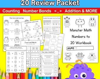 Monster Math Workbook: Numbers to 20, Kindergarten Activity (Digital Download)
