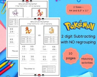 Pokemon 2 digit Subtraction with No Regrouping,Math Worksheets,Digital Download, Printable,Homeschool,Math Practice,Double Digit Subtraction