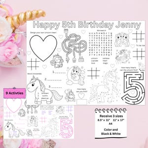 Personlized Unicorn Birthday Placemat, Birthday Activities, Unicorn Birthday Coloring Worksheets, Printable, Digital Download, Kids Activity