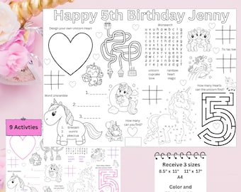 Personalized Unicorn Birthday Placemat: Kids Activity Worksheet (Digital Download)