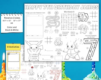 Personlized Pokemon Birthday Placemat, Birthday Activities, Pokemon Birthday Coloring Worksheets, Printable, Digital Download, Kids Activity