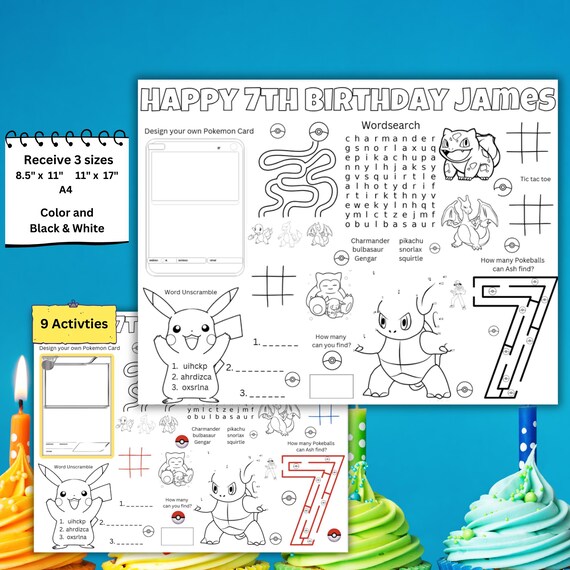 Personlized Pokemon Birthday Placemat, Birthday Activities, Pokemon Birthday Coloring Worksheets, Printable, Digital Download, Kids Activity