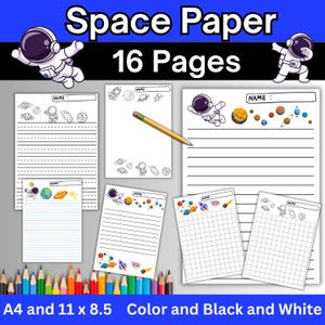 Papel de carta com tema de ciência espacial, atividades de escrita pautada, papel de caligrafia, papel de matemática quadriculado, papel de desenho para colorir, educação domiciliar