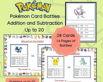 Pokemon Card Battles, Math Worksheets, First Grade, Digital Download, Homeschool, Montessori, Printable, Math Bundle, Addition, Subtraction