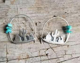 Desert Cactus Garden Hoop Earrings, Turquoise or Sunstone