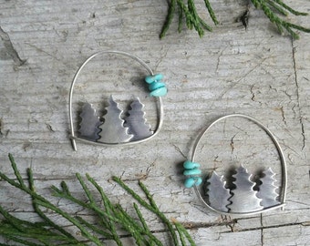 Tiny Forest Hoop Earrings with Turquoise