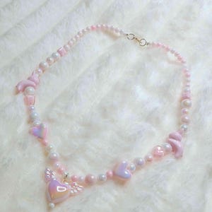 Pink Angel Necklace, Heart Wings Beaded Jewerly, Kawaiicore Bunny Necklace Gift | Ver. B