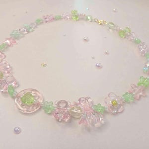 Pink and Green Transparent Cute Bowknot Beaded Summer Necklace
