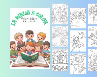 May include: A children's coloring book titled "LA BIBLIA A COLOR" with the subtitle "Historias biblicas para colorear" in green and white. The cover features a group of children gathered around an open book. Several black and white illustrations are displayed.