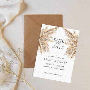 Bruiloft Save the Date-sjabloon, afdrukbare, bewerkbare pampagras huwelijksuitnodiging, DIY, boho-trouwkaart