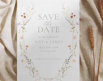 Wildflower Save the Date Invitation Template, Printable Wedding (Digital Download)