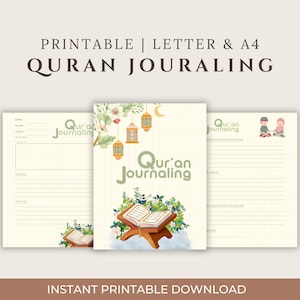 Pode incluir: Páginas de diário do Corão imprimíveis com um design floral, um Corão aberto e o texto "Qur'an Journaling".