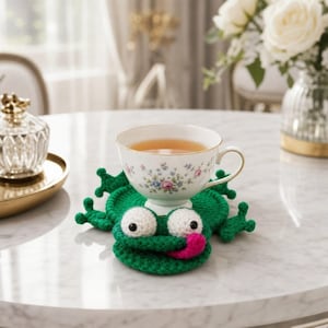May include: A white teacup with floral designs sits on a green crocheted frog coaster. The frog has white eyes, a pink tongue, and is on a marble table. A gold-rimmed tray with a glass perfume bottle is in the background.