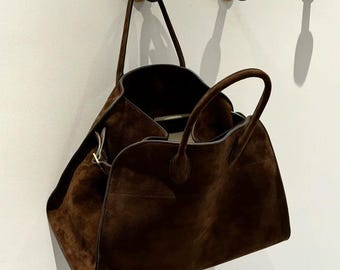 Oversized Classic Tote | Genuine Leather | Suede Smooth Finish Oversized Brown Suede Leather Tote Bag: Handmade Brown Carryall