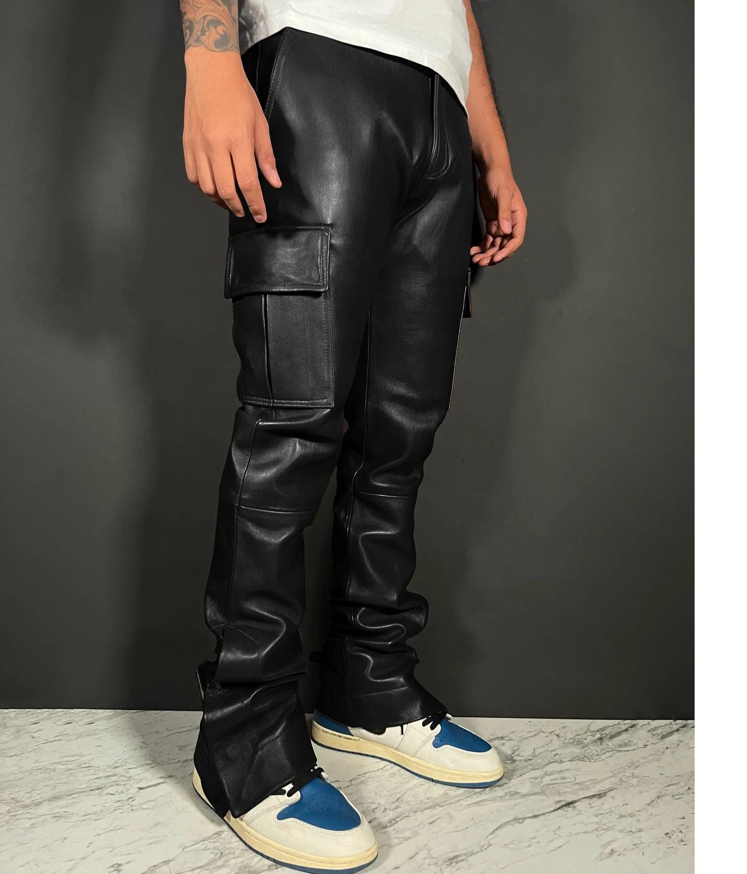 Men's Genuine Sheep Leather Cargo Pants - Black Leather Pants - Leather Jeans - Valentine Day Gift for Men - Handmade Real Leather Pants
