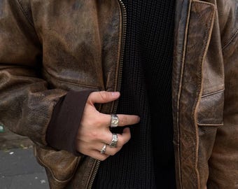80s Vintage Brown Leather Bomber Jacket, Heavy Duty Handmade