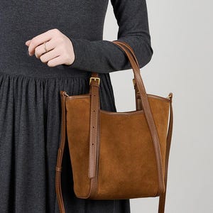 Women Brown Suede Leather Shoulder Bag, Vintage Tote Bag for Women, Large Suede Purse, Minimalist Hobo Bag, Gift for Her, 70s Style Handbag