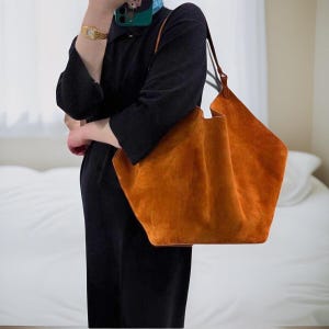 Suede Leather Tote Bag: Large Capacity Tan Brown Handbag