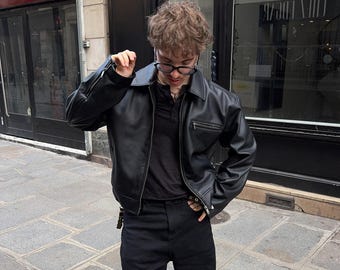 Handmade Vintage Black Leather Bomber Jacket for Mens 90s Retro