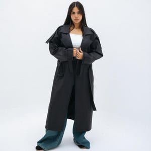 Vintage Black Sheepskin Leather Trench Coat - Longline Duster Style
