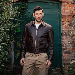 Handmade 90s Vintage Military Style Jacket Men&#39;s Handmade Brown Leather Jacket | Genuine Cowhide Bomber Coat | Custom Fit Retro Outerwear