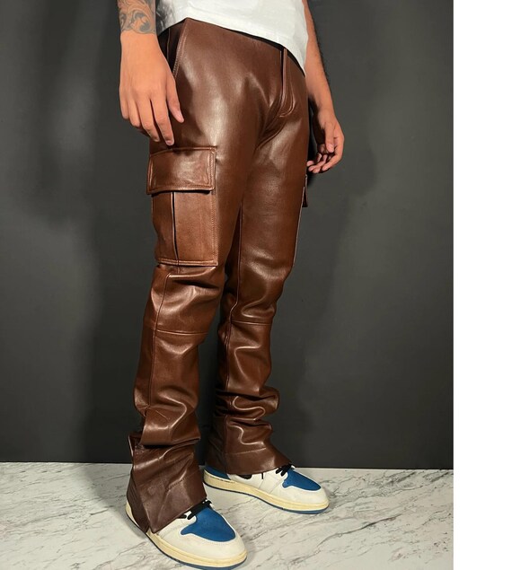 Calça cargo de couro de carneiro feita à mão: calças de