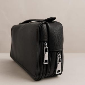 Black Leather Toiletry Bag for Men: Genuine Leather Travel Organizer