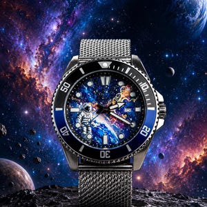 May include: A stainless steel wristwatch with a mesh band and a dark blue rotating bezel. The watch face features a detailed graphic of an astronaut floating in space against a vibrant nebula background with stars and a planet visible.