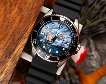 Hand-painted Casio diver Watch + Bracelet | Sea & Ship | Inspired by Original Watercolor