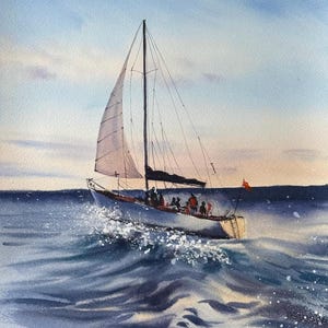 May include: Watercolour painting of a sailing boat on the sea. The boat has a white hull and a tall mast with a white sail. The water is a deep blue, and the sky is a mix of blue and orange. A small red flag flies from the stern.