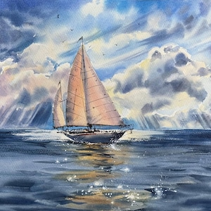 Original Watercolor | Ocean & Ship | Hand-painted Art