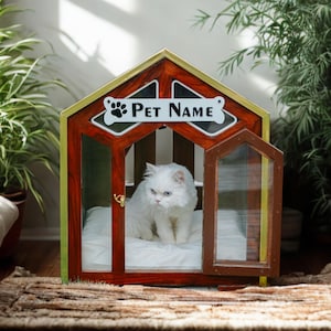 Personalized Wooden Dog House with Cushion & Light |Handmade Dog Bed, Handmade Luxury Dog House With Name Tag, Designer Dog house,Dog Kennel