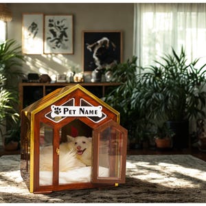 Modern Luxury Dog House | Wooden Crate Bed with Name Tag & Light, Modern dog crate with acrylic sliding door, Superb Indoor Dog House