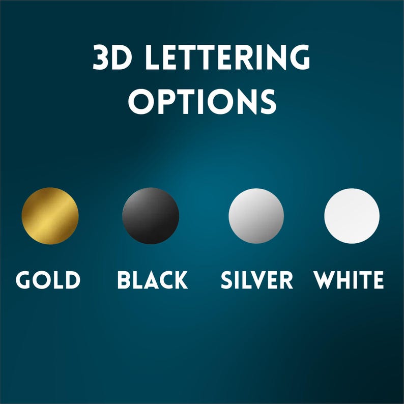 May include: Image showcasing 3D lettering options in gold, black, silver, and white. Each color is represented by a circular shape with the color name below. The background is a gradient of dark teal.