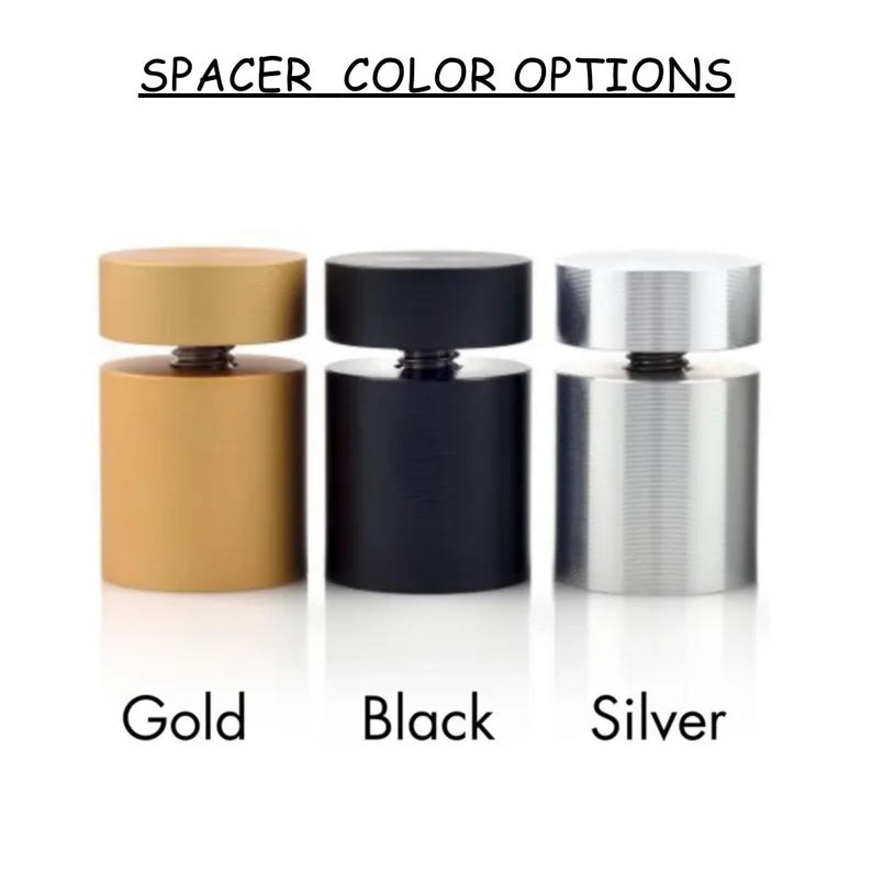 May include: Image of three cylindrical spacers in gold, black, and silver. Each spacer has a round top and a cylindrical base. The text "SPACER COLOR OPTIONS" is above the spacers, with the colors labeled below.