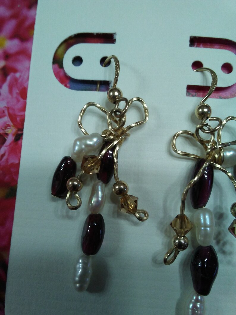 14K GF Wire Bow Purple Bead White Pearl Dangle Drop Pierced Earrings