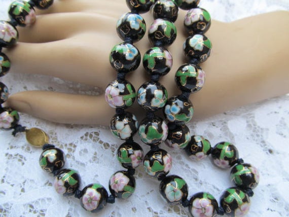 SALE-Vintage Black Cloisonne Bead Necklace-Multi … - image 8