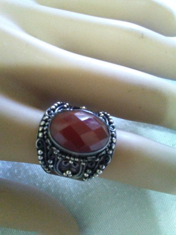 Large Vintage Sterling Silver Faceted Red Stone R… - image 2