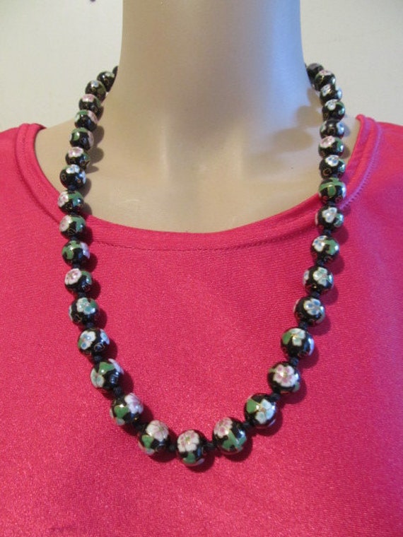 SALE-Vintage Black Cloisonne Bead Necklace-Multi … - image 3
