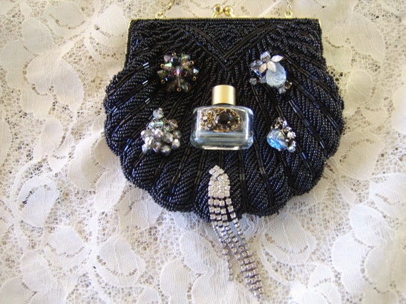 Vintage OOAK Black Beaded Jeweled Perfume Bottle … - image 2