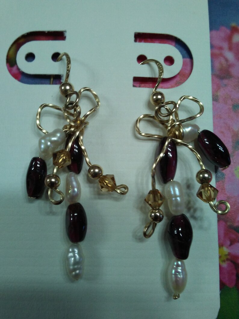 14K GF Wire Bow Purple Bead White Pearl Dangle Drop Pierced Earrings