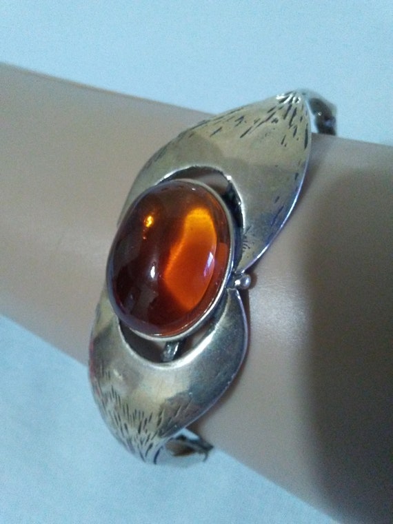 Signed Vintage Silver (800) Amber Hinged Bangle Br