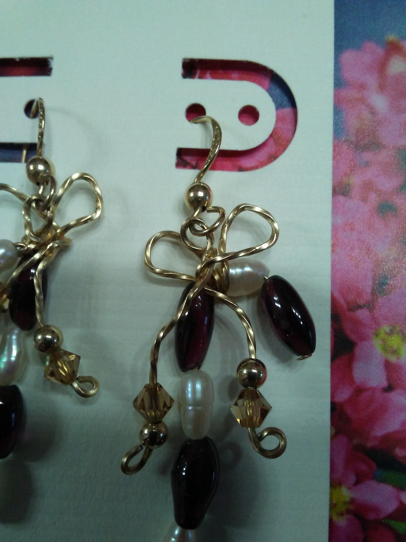 14K GF Wire Bow Purple Bead White Pearl Dangle Drop Pierced Earrings