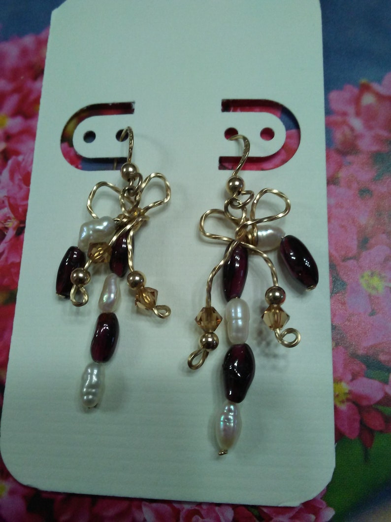 14K GF Wire Bow Purple Bead White Pearl Dangle Drop Pierced Earrings